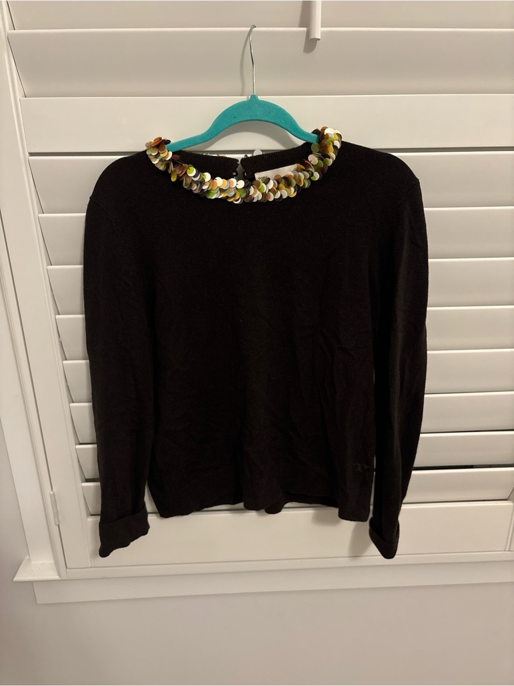 Tory Burch Black Crewneck Sweater with Multicolor Sequin Collar